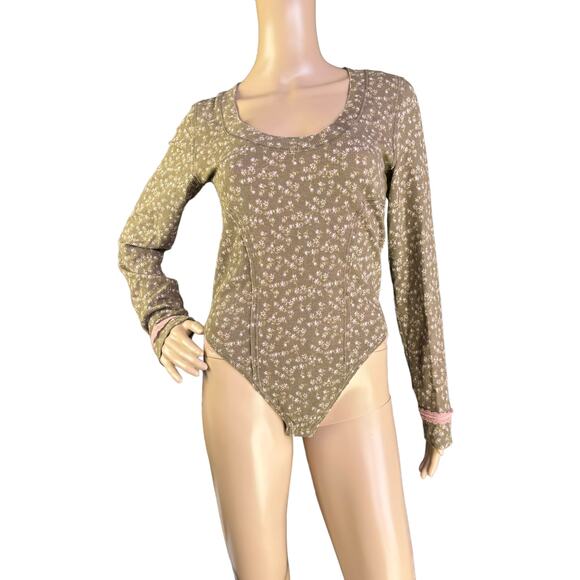 New Intimately Free People Sugar Dreams Earth Combo Floral Thermal Knit Bodysuit - Picture 1 of 5